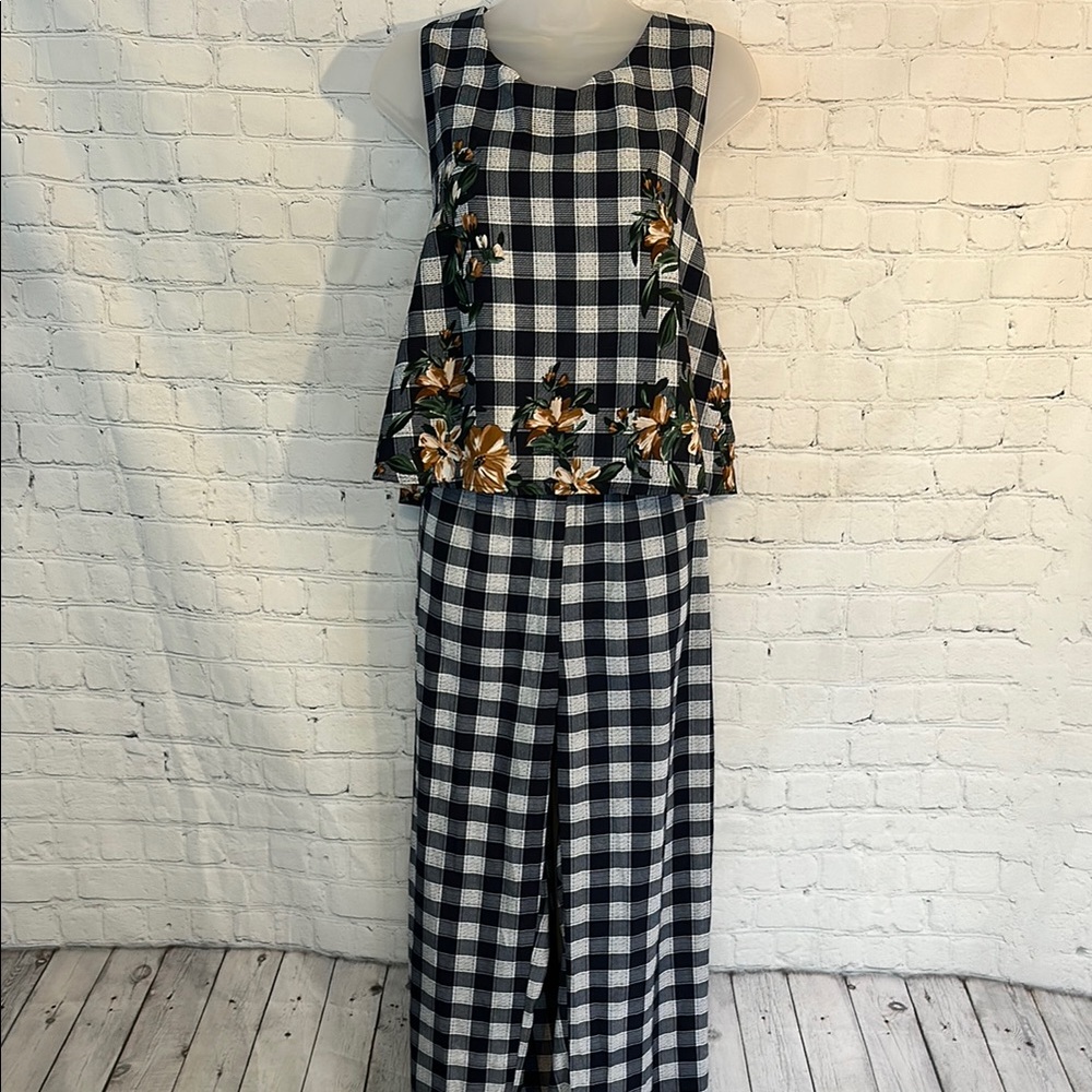 Jodifl Blue and White Checkered Jumpsuit with floral accent nwt